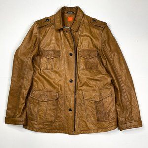 Hugo boss Crinkled Soft Caramel Leather Biker Moto Leather Jacket